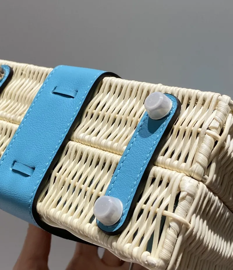 Hermes Kelly Blue Wicker Handbag - Image 9
