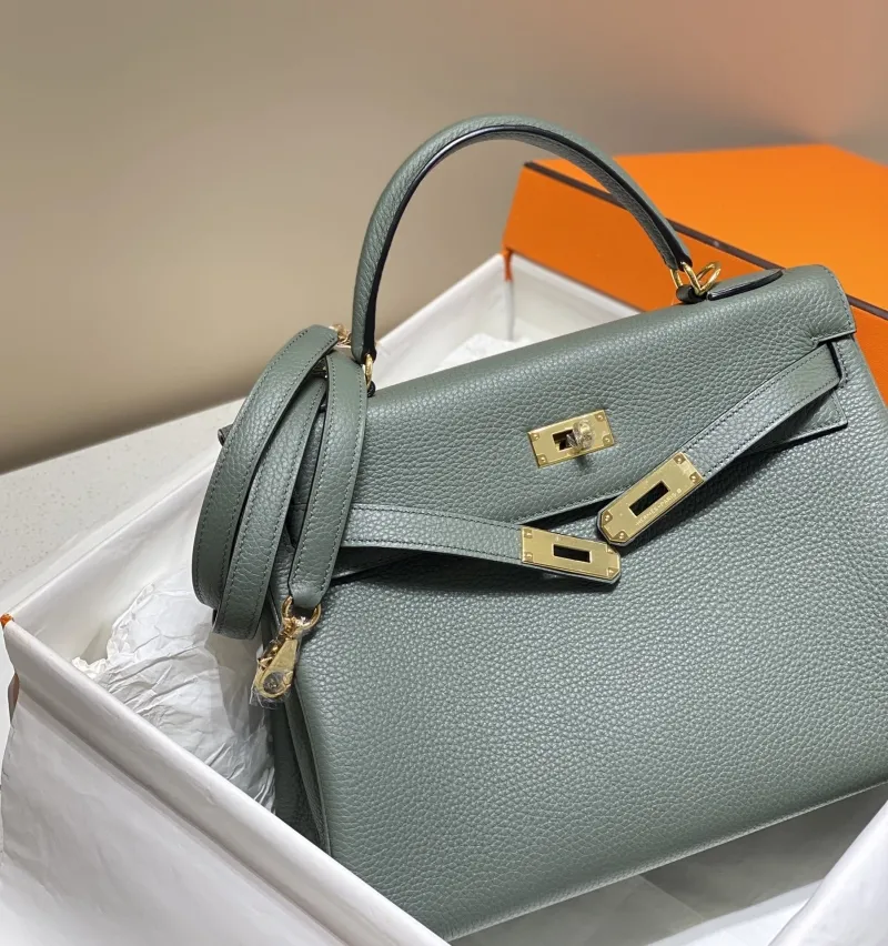 Hermes Kelly Green Leather Handbag 562 - Image 3