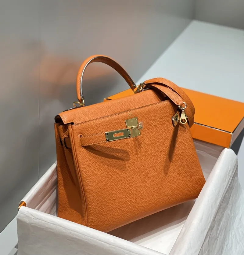 Hermes Orange Kelly Leather Handbag 576 - Image 4