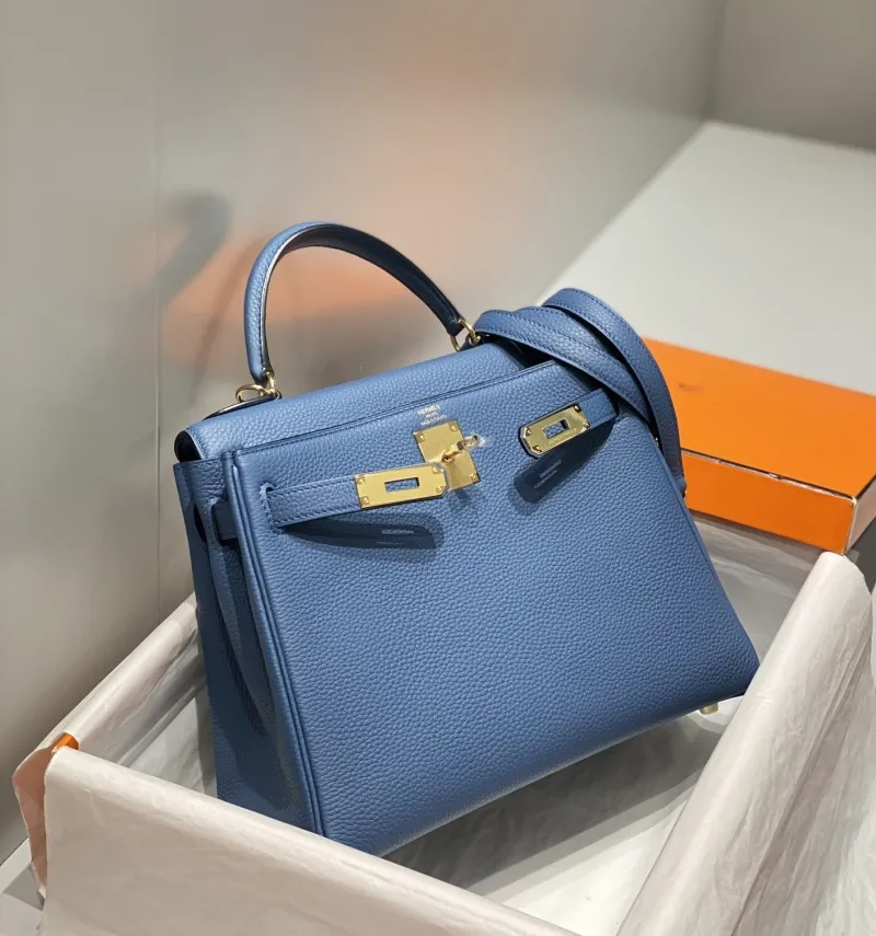 Hermes Blue Kelly Leather Handbag 577 - Image 4