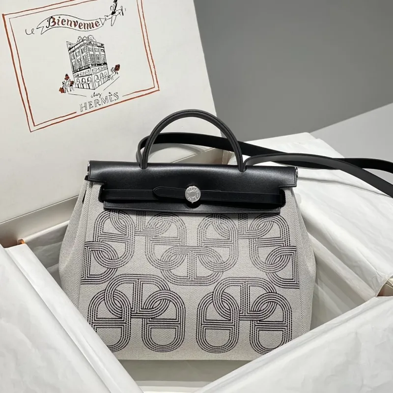 Hermes Gray Black Canvas Shoulder Handbag 596