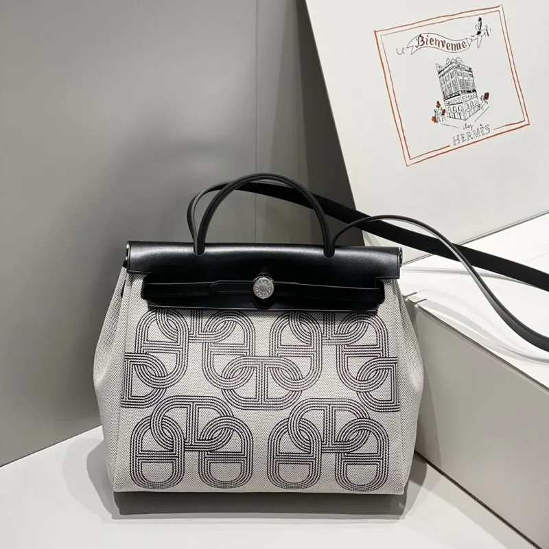 Hermes Gray Black Canvas Shoulder Handbag 596 - Image 3