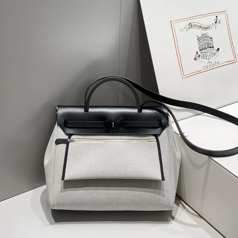 Hermes Gray Black Canvas Shoulder Handbag 596 - Image 4