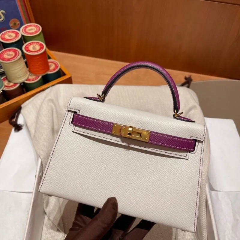 Hermes Kelly Mini White Purple Leather Handbag