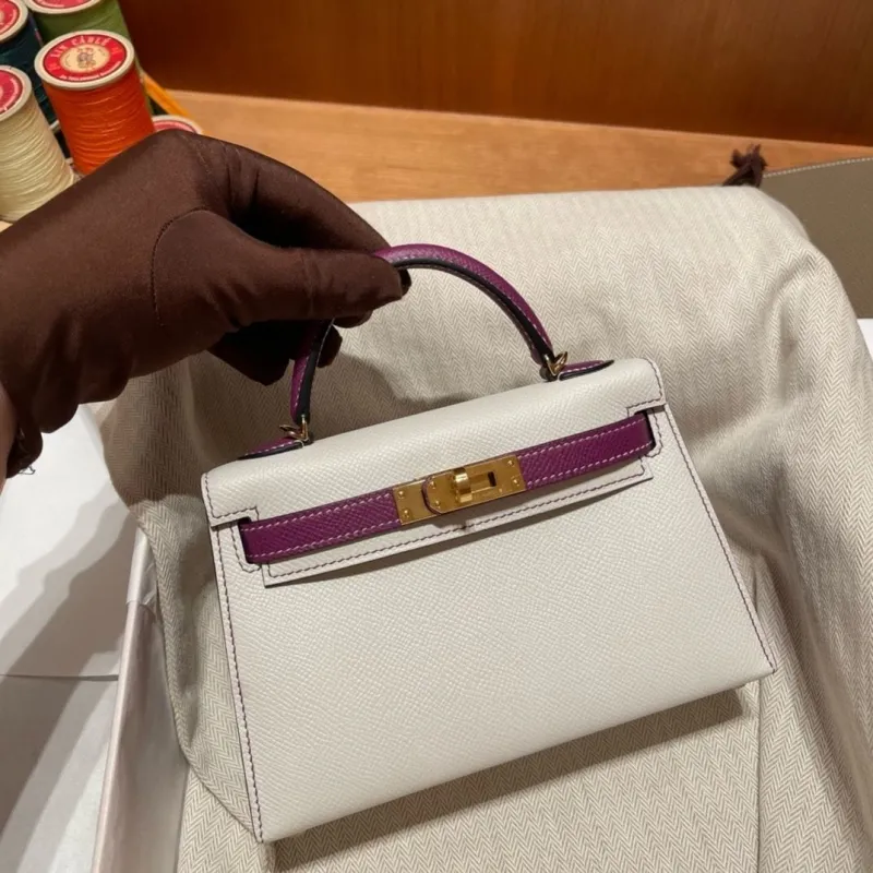 Hermes Kelly Mini White Purple Leather Handbag - Image 3