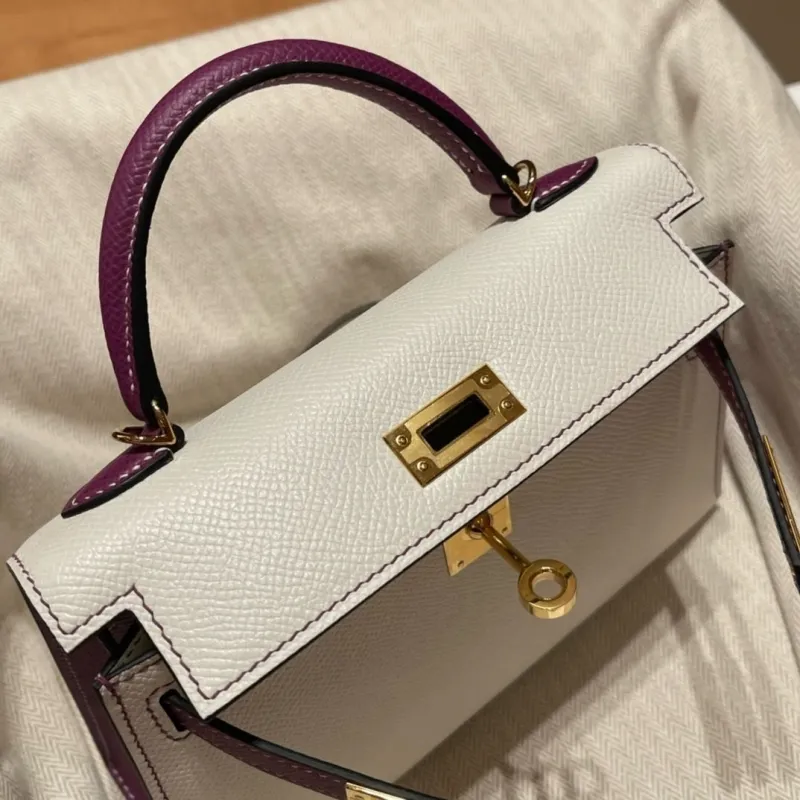 Hermes Kelly Mini White Purple Leather Handbag - Image 4