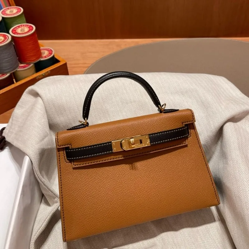 Hermes Kelly Mini Tan Black Leather Handbag 639