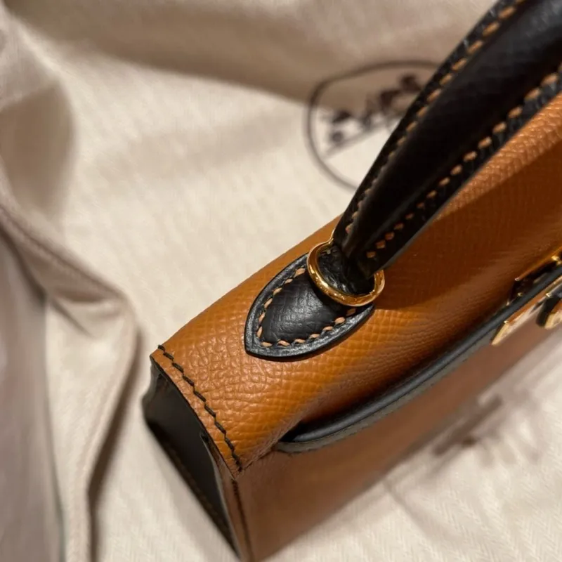 Alternative view of Hermes Kelly Mini Tan Black Leather Handbag 639