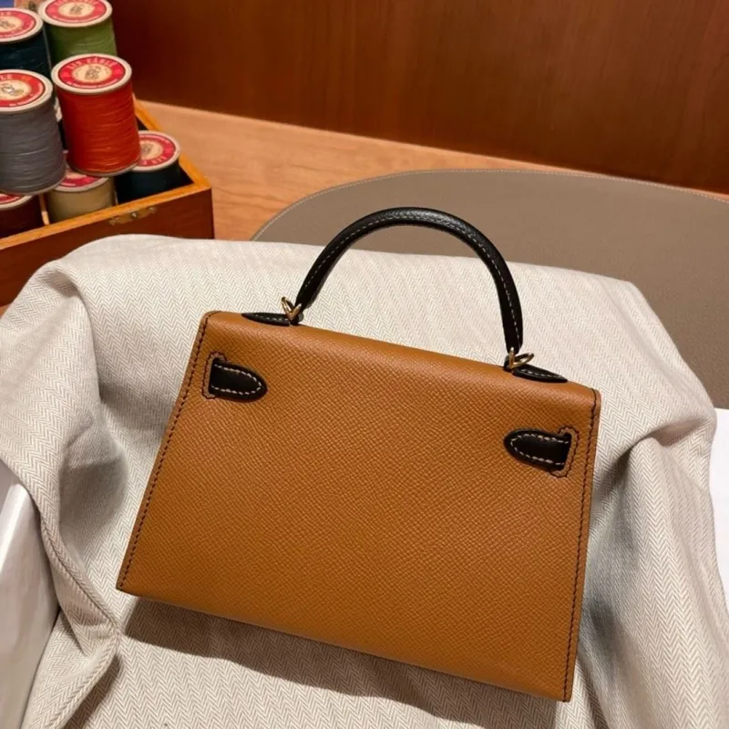 Hermes Kelly Mini Tan Black Leather Handbag 639 - Image 4