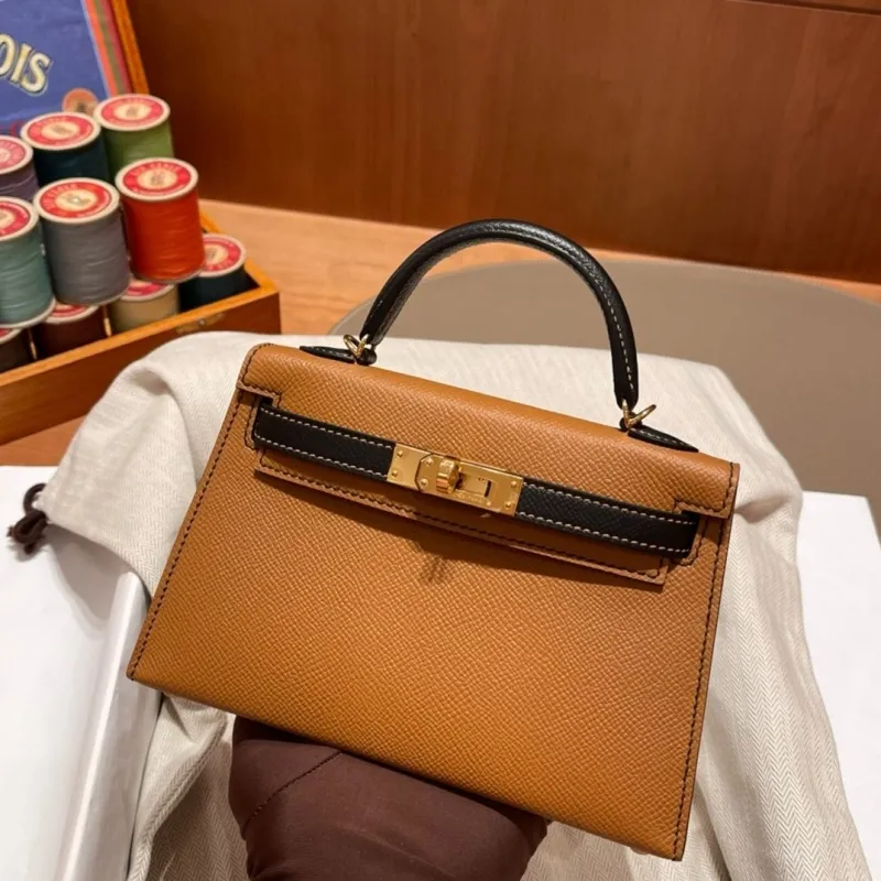 Hermes Kelly Mini Tan Black Leather Handbag 639 - Image 5