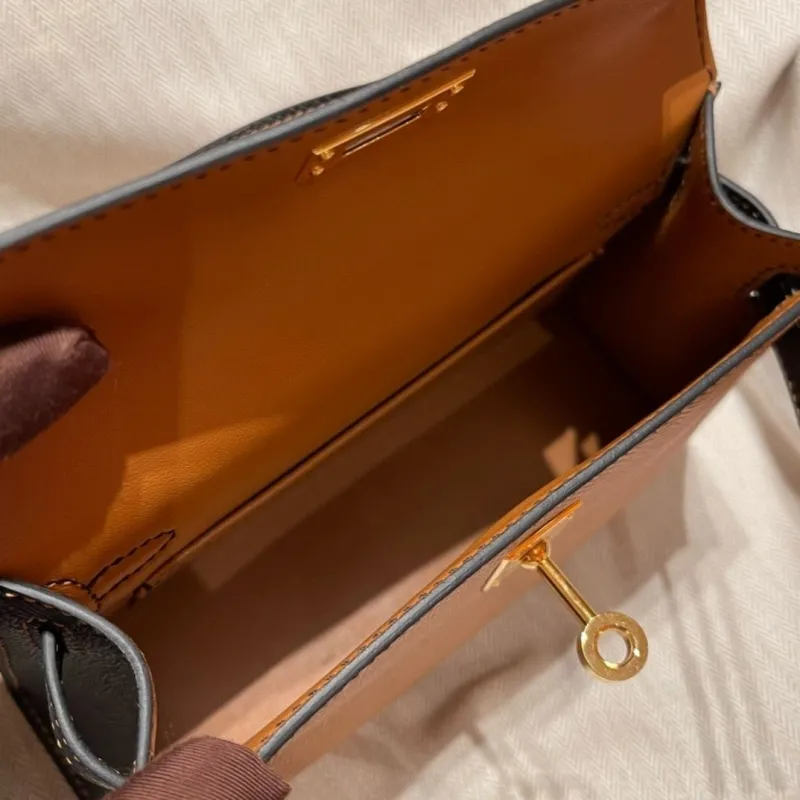 Hermes Kelly Mini Tan Black Leather Handbag 639 - Image 6