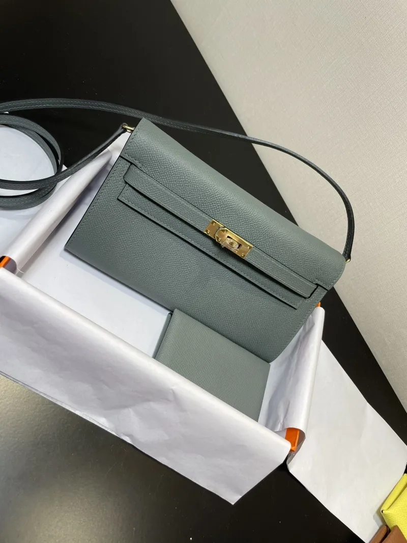 Hermes Kelly Woc Gray Leather Wallet Bag - Image 7