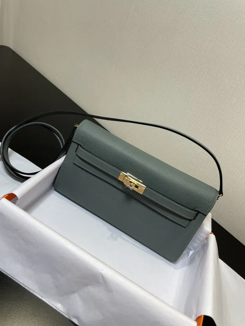 Hermes Kelly Woc Gray Leather Wallet Bag - Image 8