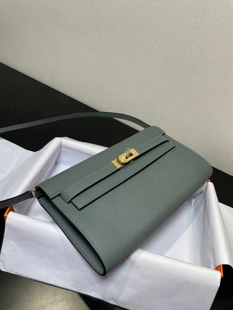 Hermes Kelly Woc Gray Leather Wallet Bag - Image 9