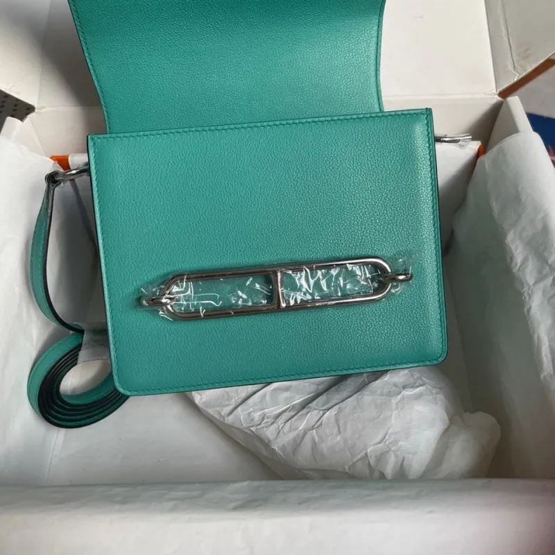 Hermes Teal Roulis Leather Shoulder Bag - Image 6