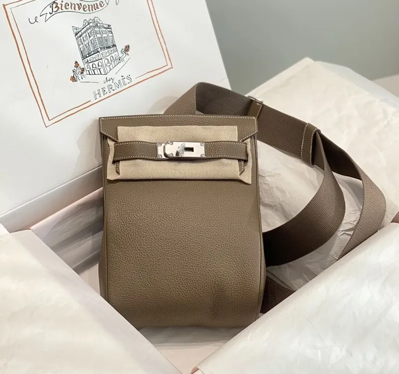 Hermes Taupe Leather Crossbody Satchel Bag