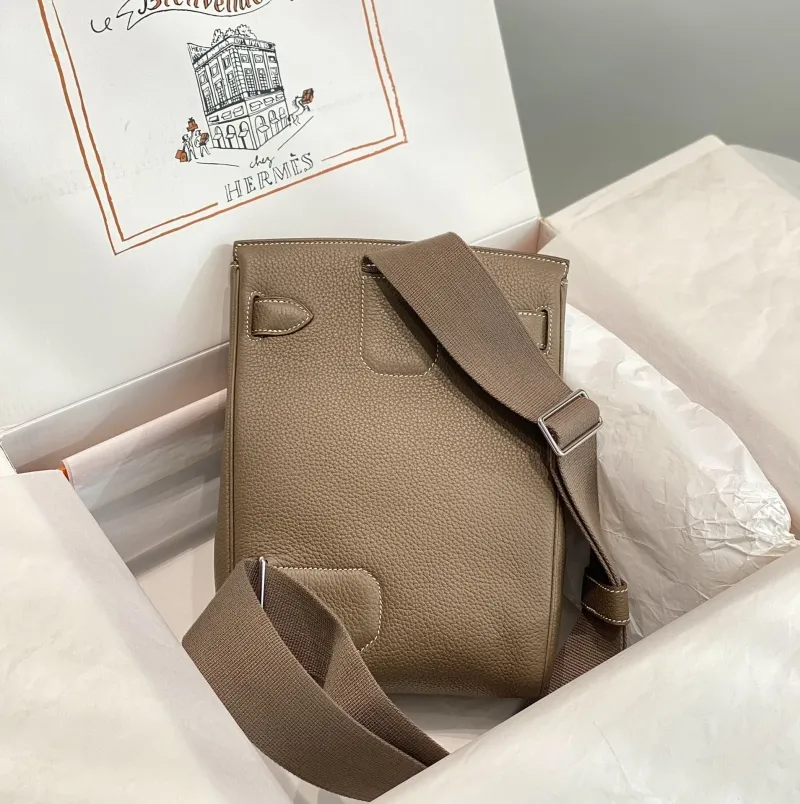 Hermes Taupe Leather Crossbody Satchel Bag - Image 3