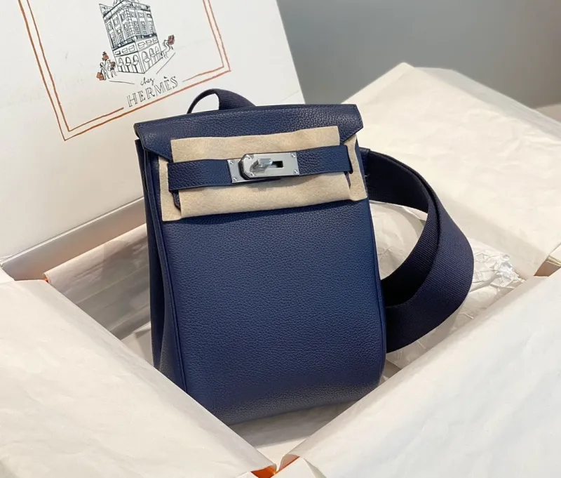 Hermes Navy Blue Leather Crossbody Satchel Bag