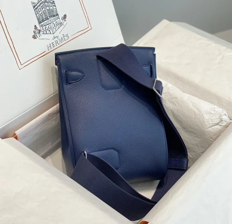 Hermes Navy Blue Leather Crossbody Satchel Bag - Image 3