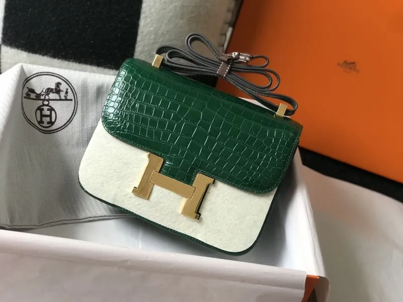Hermes Green White Crocodile Satchel Bag