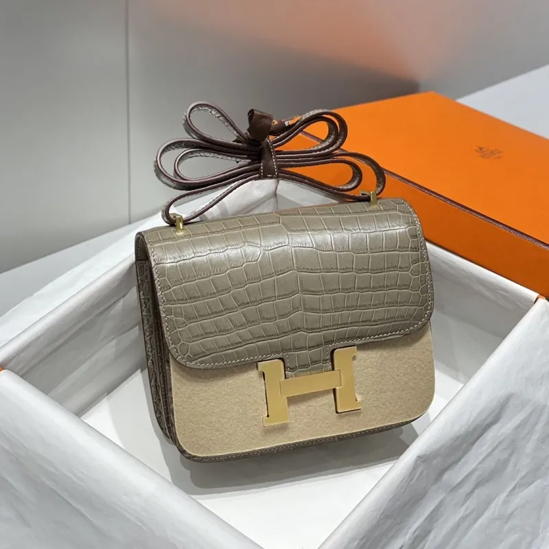 Hermes Gray Crocodile Leather Satchel Crossbody Bag