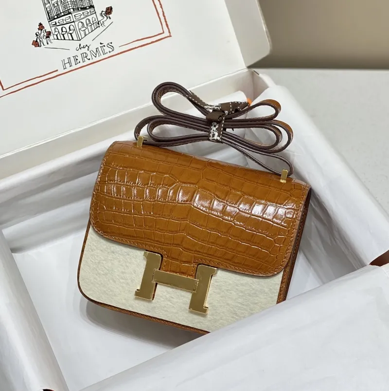 Hermes Brown Crocodile Leather Crossbody Satchel Bag