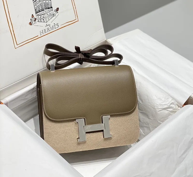 Hermes Etoupe Leather Satchel Crossbody Bag 247
