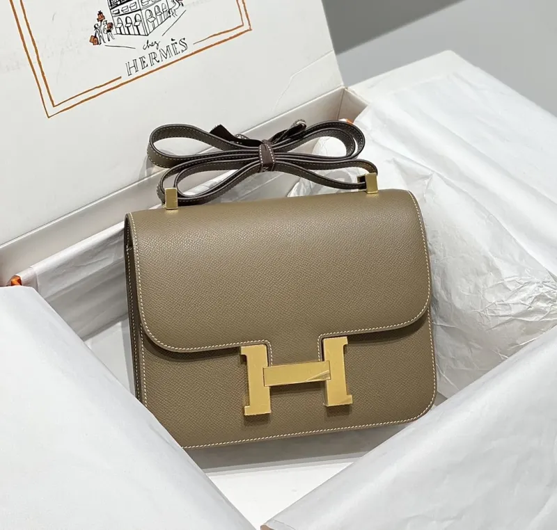 Hermes Taupe Leather Satchel Crossbody Bag