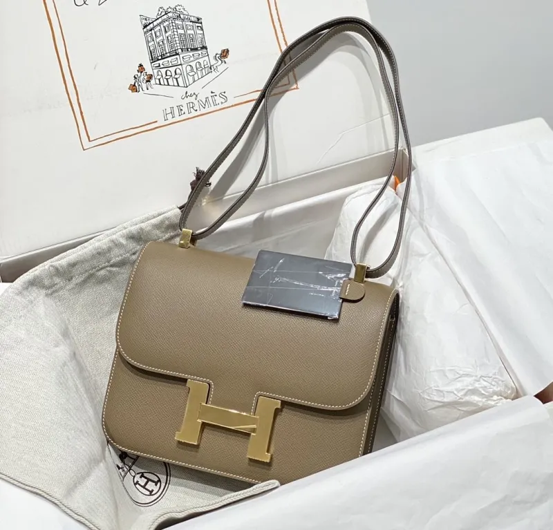 Hermes Taupe Leather Satchel Crossbody Bag - Image 4