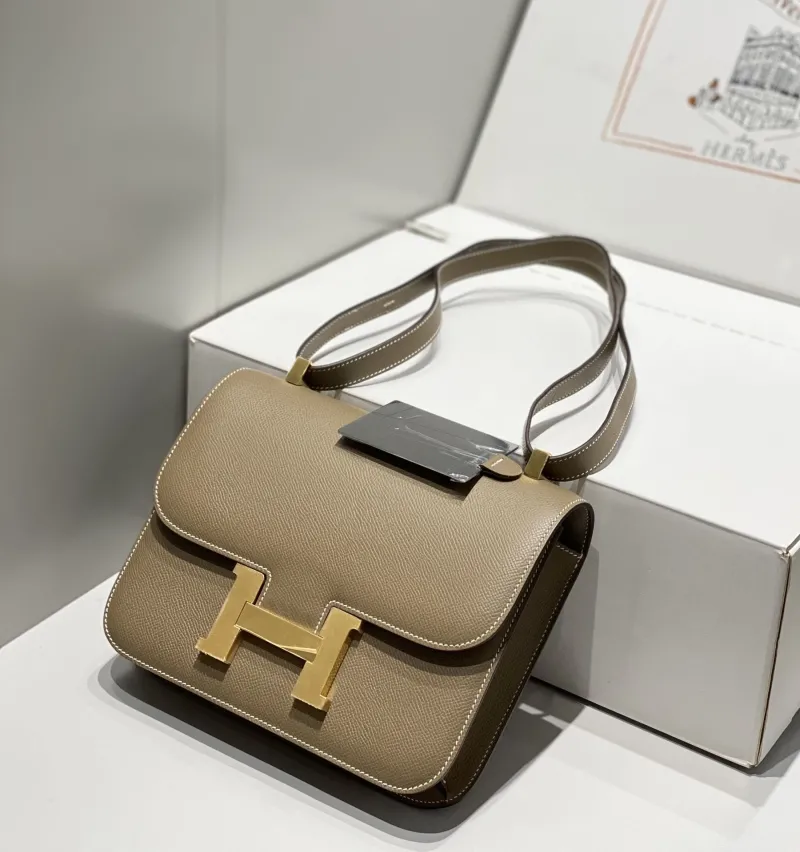 Hermes Taupe Leather Satchel Crossbody Bag - Image 5