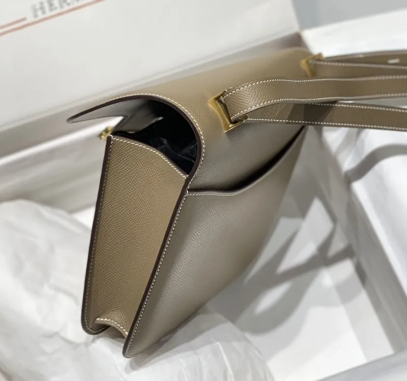 Hermes Taupe Leather Satchel Crossbody Bag - Image 6