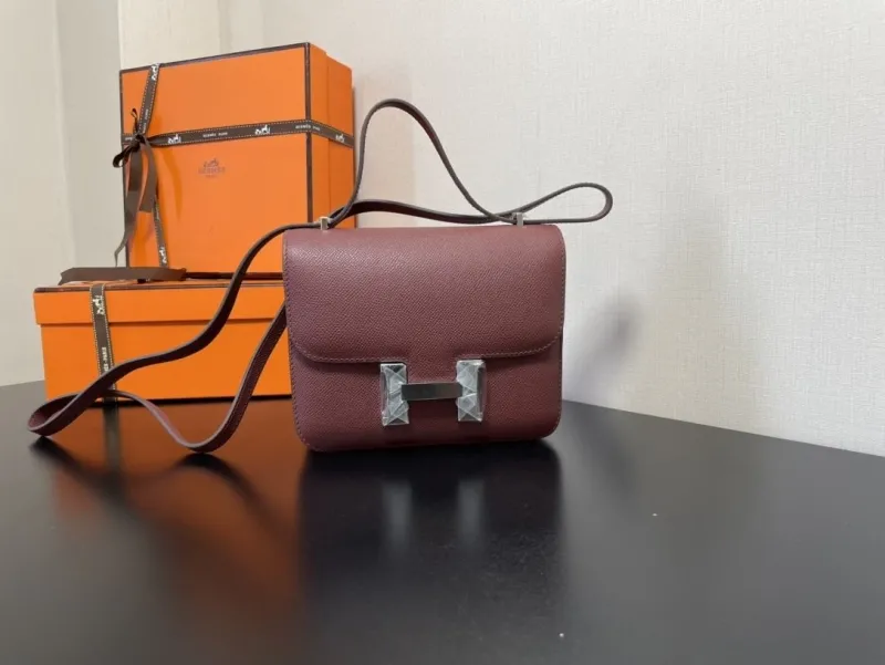 Hermes Burgundy Leather Satchel Crossbody Bag 353 - Image 9