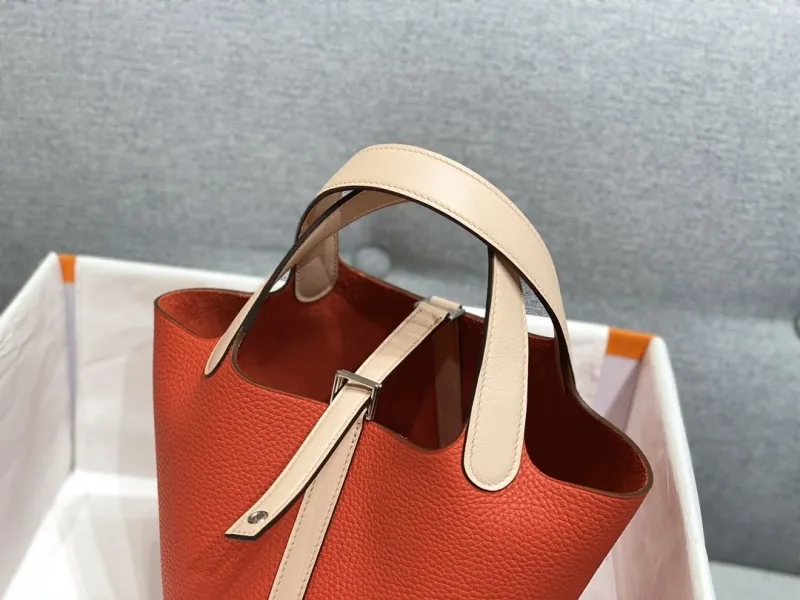 Hermes Orange Beige Bucket Handbag - Image 3