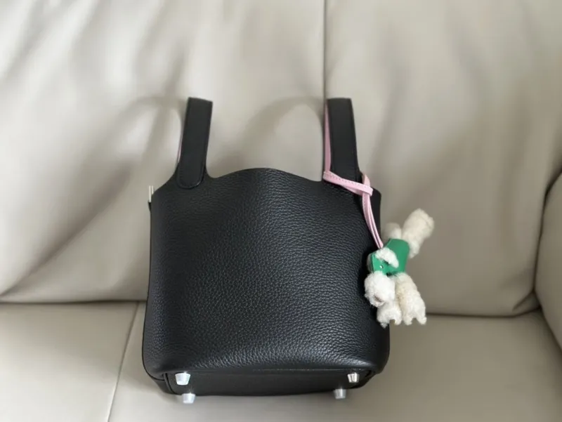 Hermes Black Leather Bucket Bag with Poodle Charm - Image 3