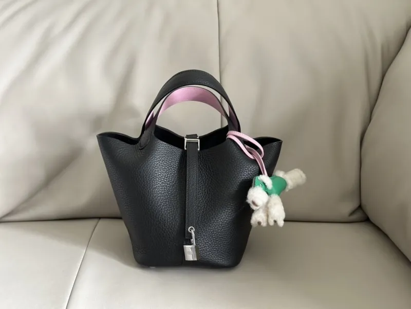 Hermes Black Leather Bucket Bag with Poodle Charm - Image 4