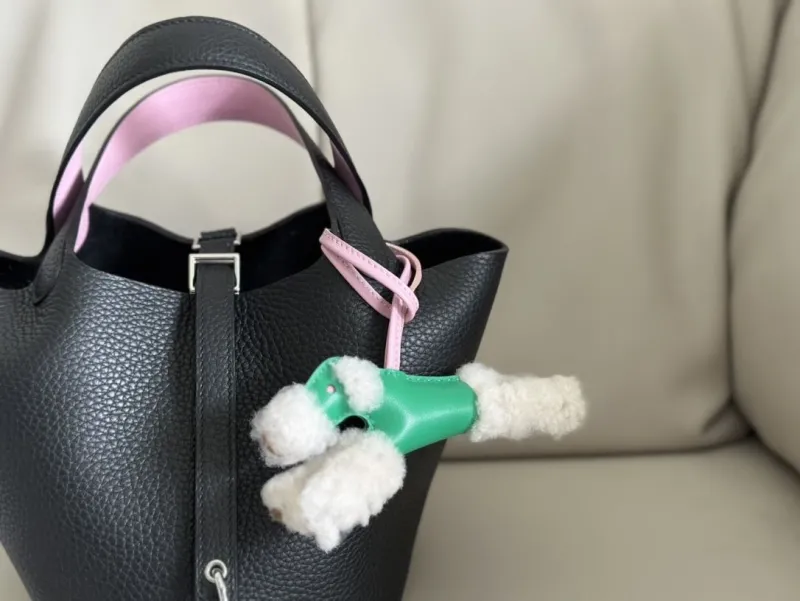 Hermes Black Leather Bucket Bag with Poodle Charm - Image 6