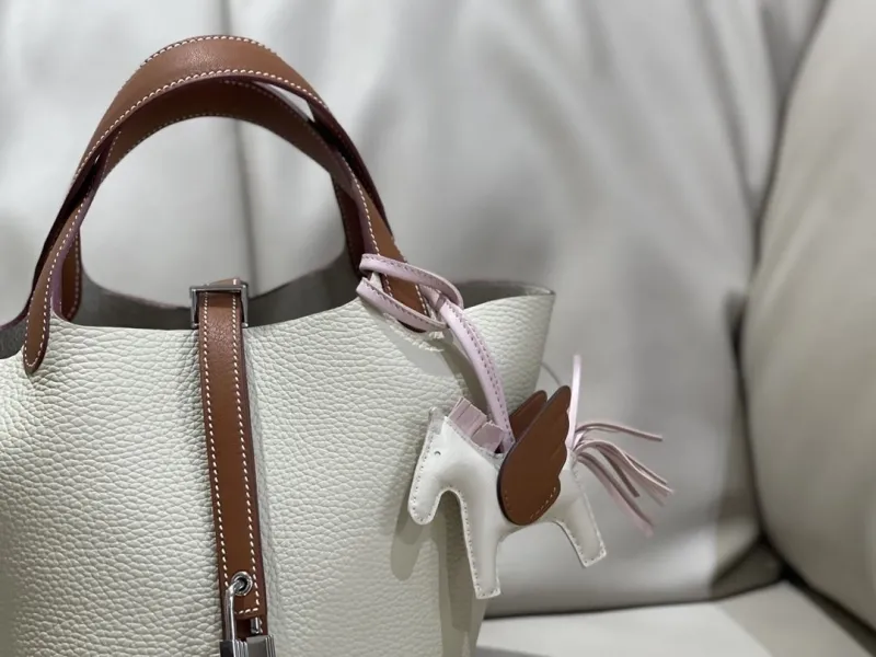 Hermes Cream Brown Leather Bucket Bag with Pony Charm - Image 3