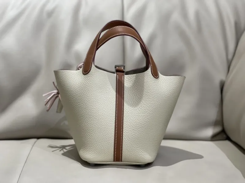 Hermes Cream Brown Leather Bucket Bag with Pony Charm - Image 5
