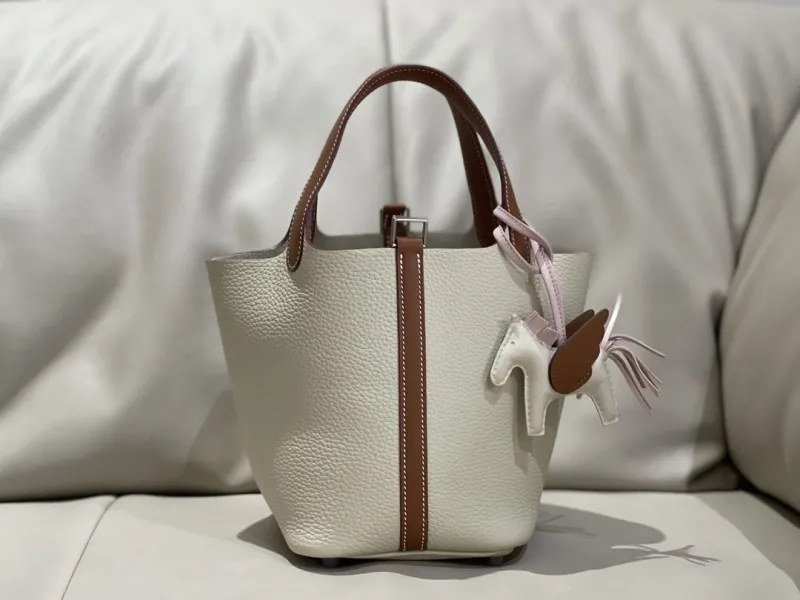 Hermes Cream Brown Leather Bucket Bag with Pony Charm - Image 8