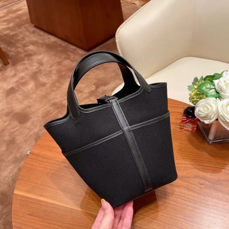 Hermes Black Canvas Leather Bucket Tote Handbag