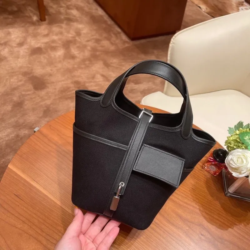 Alternative view of Hermes Black Canvas Leather Bucket Tote Handbag
