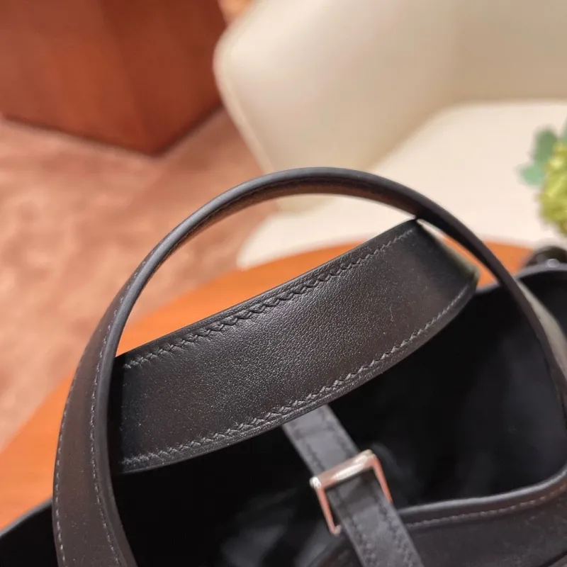 Hermes Black Canvas Leather Bucket Tote Handbag - Image 3