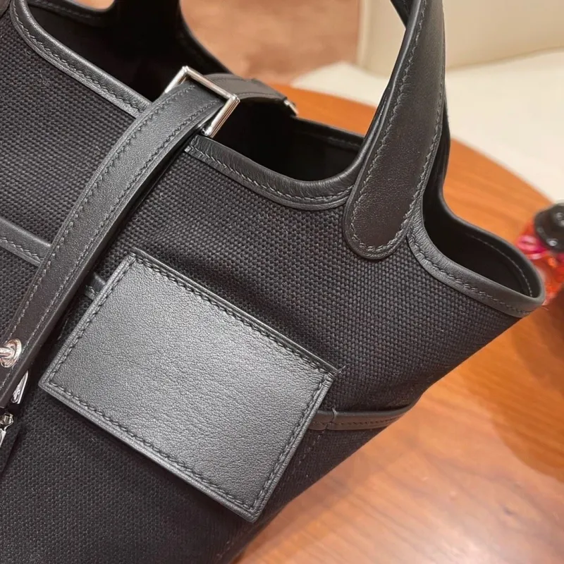 Hermes Black Canvas Leather Bucket Tote Handbag - Image 4