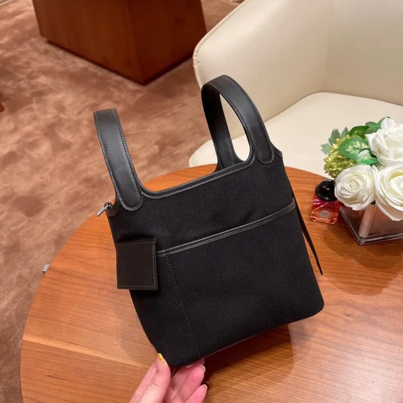 Hermes Black Canvas Leather Bucket Tote Handbag - Image 5