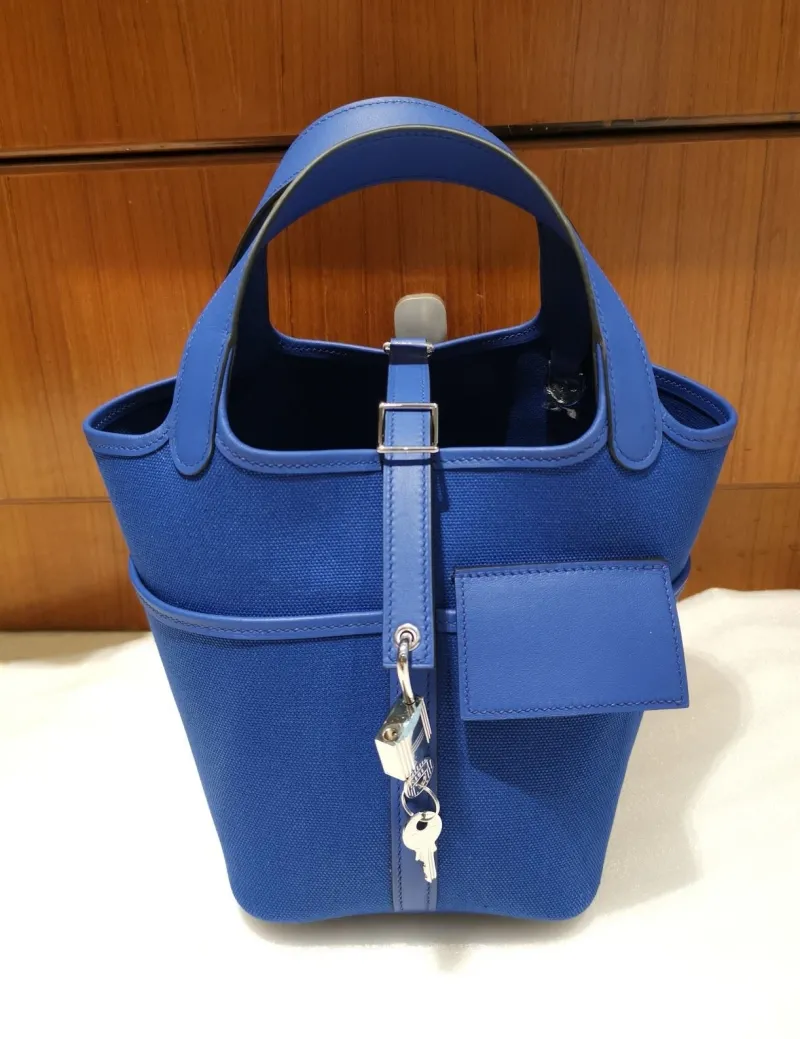 Hermes Blue Canvas Bucket Tote Bag