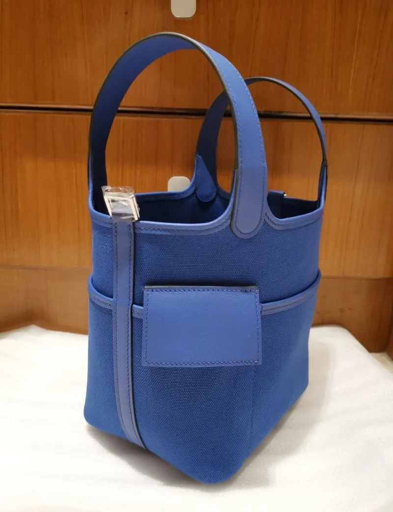 Hermes Blue Canvas Bucket Tote Bag - Image 4