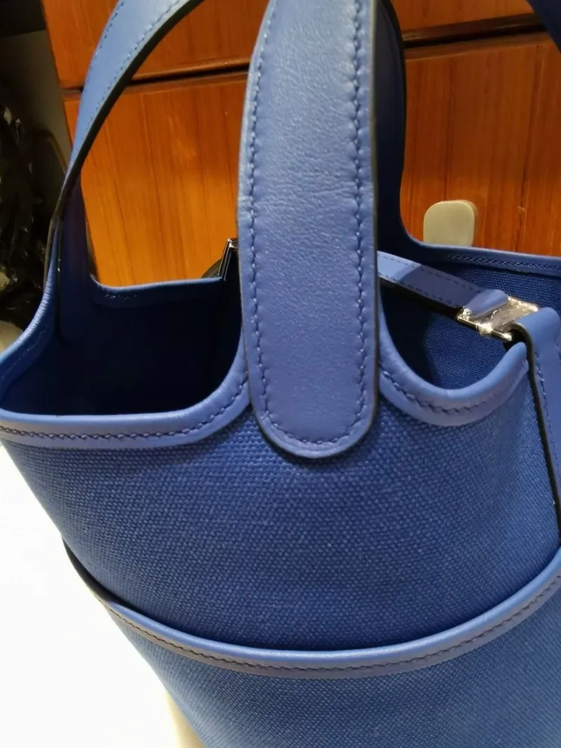 Hermes Blue Canvas Bucket Tote Bag - Image 5