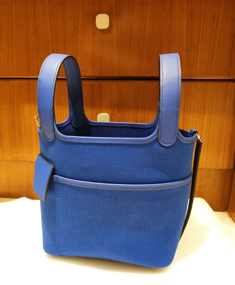 Hermes Blue Canvas Bucket Tote Bag - Image 6
