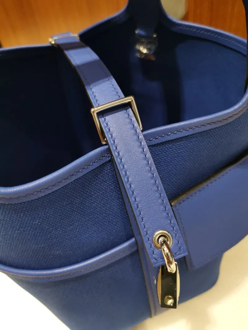 Hermes Blue Canvas Bucket Tote Bag - Image 7