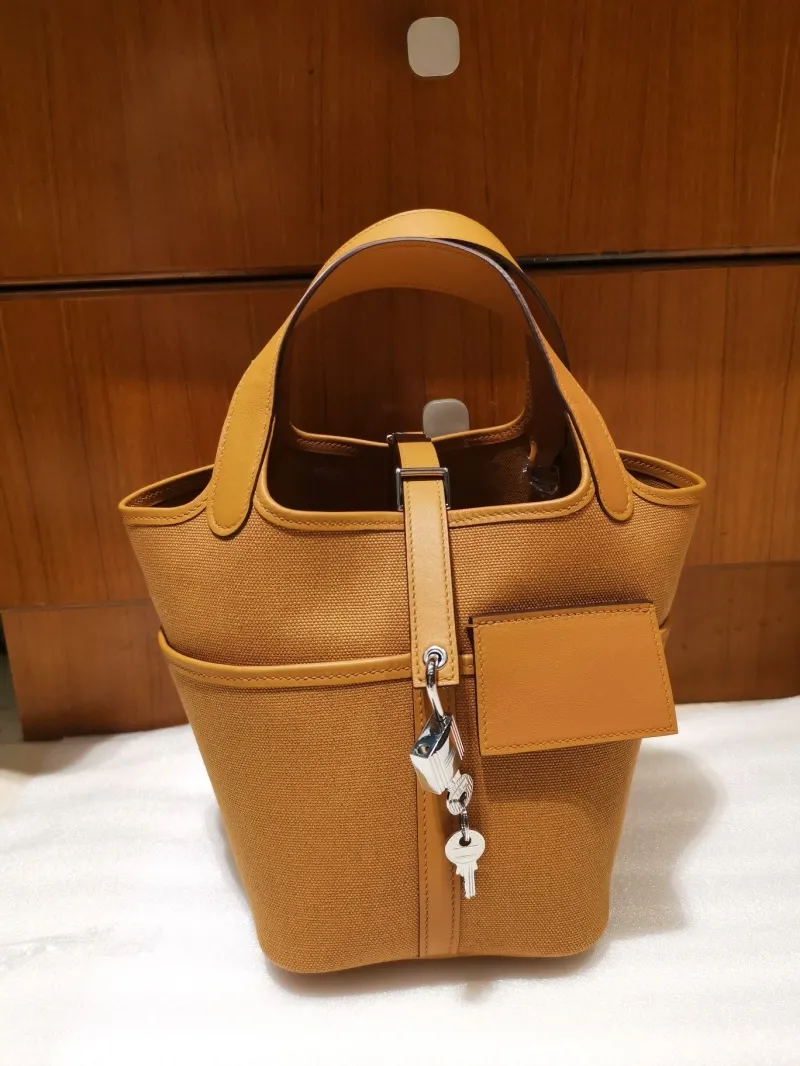Hermes Tan Canvas Bucket Shopping Bag